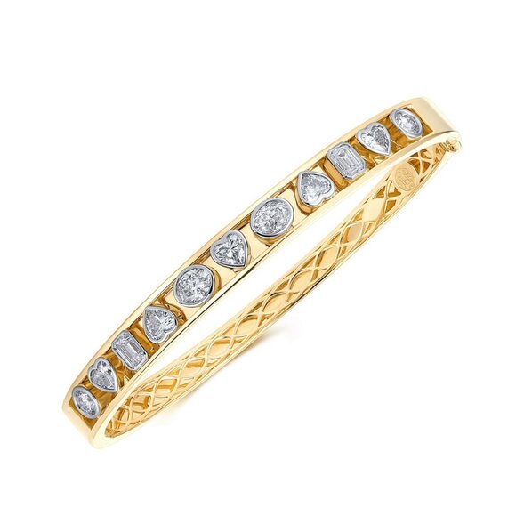 Multi Shape 14K (18k upon request) Yellow Gold Diamond Bezel Set Bangle Bracelet - Picture 6 of 6
